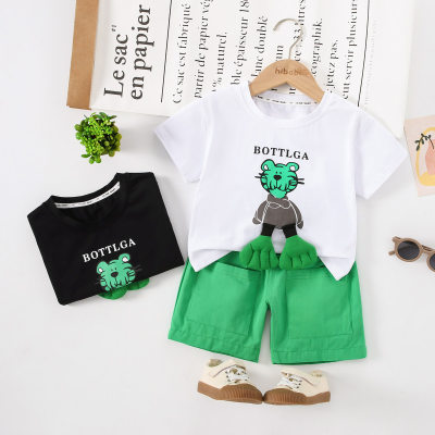 2-piece Toddler Boy Pure Cotton Letter and Tiger Pattern Short Sleeve T-shirt & Solid Color Shorts