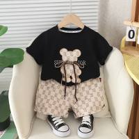2024 neuer Sommer koreanischer Stil Kinderkleidung Bär und Kaninchen kurzärmeliger zweiteiliger Sommerkleidung Kinderanzug für Jungen und Mädchen  Schwarz