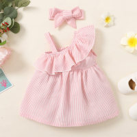 Girls New Small and Medium Children's Striped Off-shoulder Princess Dress + Headdress  Pink