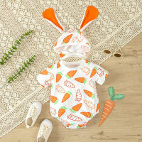 2024 Summer New Baby Clothes Baby Easter Cartoon Live Carrot Print Short-Sleeved Harness + Rabbit Ear Hat  White