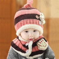 2-piece Toddler Girl Pure Cotton Striped 3D Star Button Decor Wool-lined Knitted Hat & Matching 3D Hand-shaped Decor Scarf  Pink