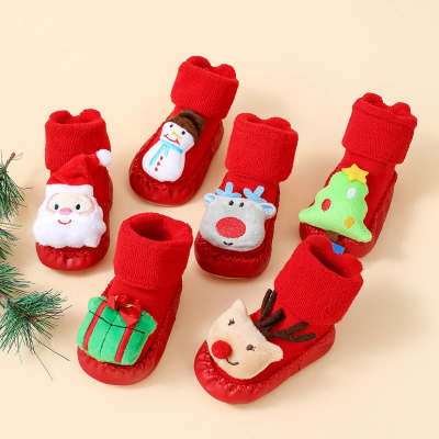 Baby Pure Cotton Christmas Solid Color 3D Elk Decor Non-slip Sock Shoes