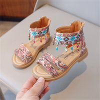 Children's colorful embroidered tassel Velcro sandals  Khaki