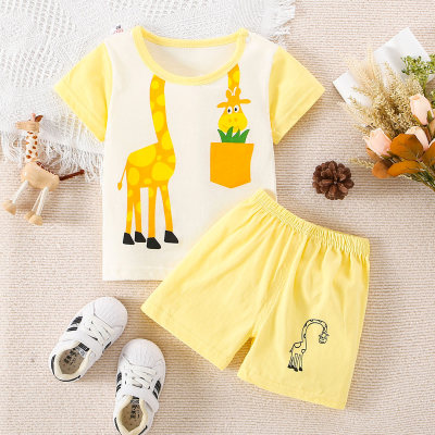 2-piece Toddler Boy Pure Cotton Color-block Giraffe Printed Short Sleeve Top & Matching Shorts