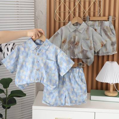 2024 new children's lapel shirt suit girls summer clothes boys Korean version printed shorts girls and boys clothes
