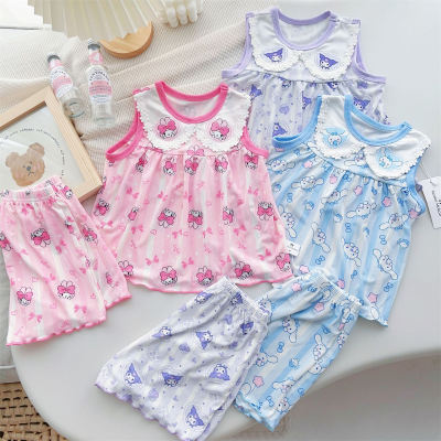 Children's clothing girls' going out suit ice silk cute doll collar vest shorts home clothes