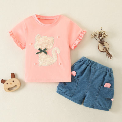 Camiseta y pantalones cortos con dibujos de animales y gatos para niñas pequeñas