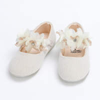 Zapatos de velcro con decoración de cuentas y flores en 3D de color sólido para niña pequeña  Beige