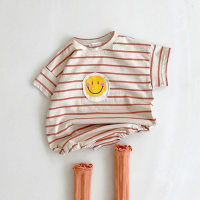 ins Korean style summer baby jumpsuit thin cute smiling face loose striped harem internet celebrity baby fart cover  Beige