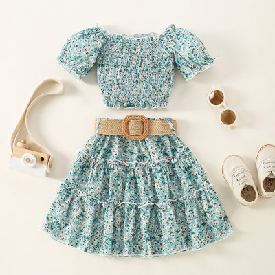 Toddler Floral U-neck Puff Sleeve Blouse & Pants With Belt