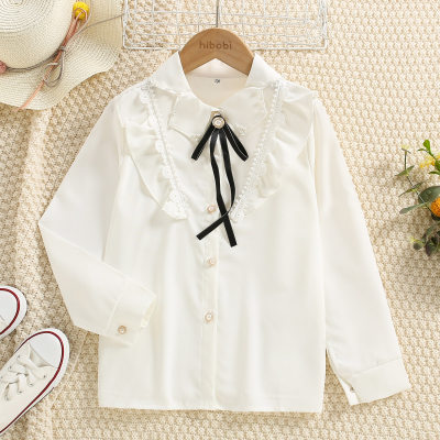 Kid Girl Solid Color Ruffled Lace Patchwork Bowknot Decor Shirt