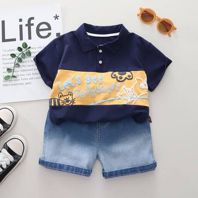 2024 summer new boys color matching POLO shirt short-sleeved suit baby boy casual denim shorts two-piece suit