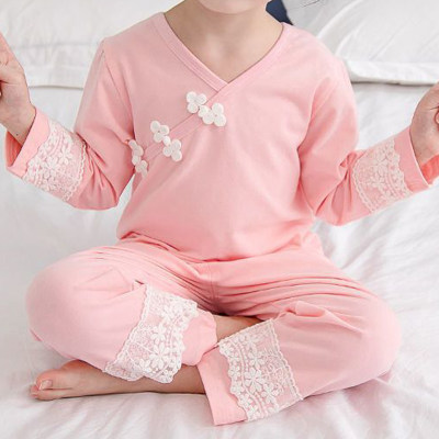 2-piece Toddler Girl Pure Cotton Solid Color Cheongsam Buckled Embroidery Patchwork V-neck Long Sleeve Top & Matching Pants Pajama Set