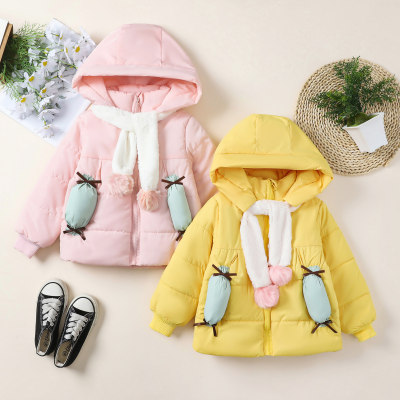 2-piece Toddler Girl Solid Color Hooded Cotton-padded Jacket & Fluffy Scarf