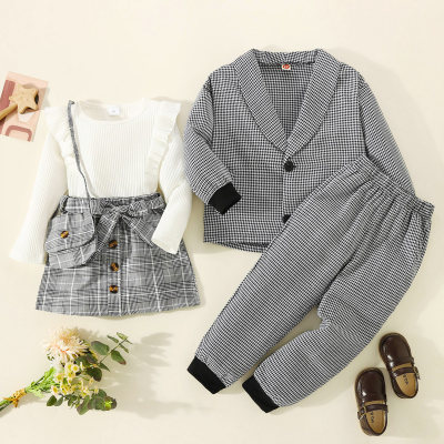 Brother and Sister Organic cotton Houndstooth Blazer & Matching Pants & Ruffled Long Sleeve Top & Matching Button Front Skirt