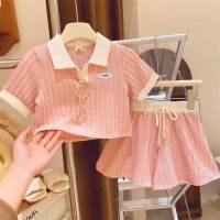 Girls Suit Polo Collar Covered Short Sleeve Bottoming Shirt Shorts 2023 Summer New Sweet Baby Girl Two-piece Set  Pink