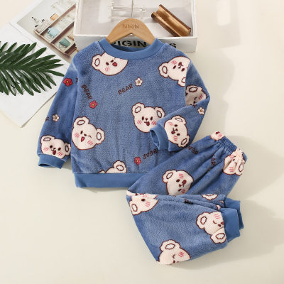 Set pigiama a maniche lunghe con motivo a orsetto in flanella da bambino in 2 pezzi