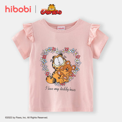 hibobi x Garfield Toddler Girl Basic Cotton Cartoon Ruffle Print Pink T-shirt
