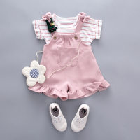 Mädchen Sommer neue Kinderkleidung koreanischen Stil Spitze fliegende Ärmel Kleidung zweiteilige Set Kinder Kurzarm Shorts Anzug Baby Mädchen  Rosa