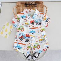 2024 children's clothing boys summer new lapel full print car shirt children's suit 1-2-3 years old baby two pieces 5  White