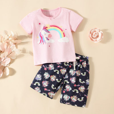 Girl Baby Striped Top & Unicorn All Over Printing Shorts