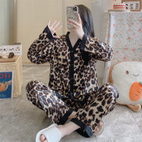 Conjunto de pijama feminino com estampa de seda gelada de 2 peças  Leopardo