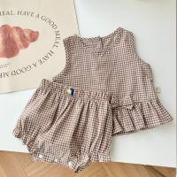 [Free shipping for two pieces, no refund] 0-2 years old summer girls sleeveless top plaid shirt shorts two-piece suit AT012  Khaki