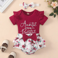3-piece Baby Girl Ribbed Letter Printed Short Sleeve Romper & Allover Floral Printed Bowknot Decor Panty & Headwrap  Burgundy
