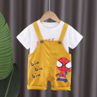 Boys and girls summer short-sleeved suits new baby stylish bear fish overalls boys and girls baby summer two-piece suit  Yellow