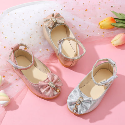 Zapatos de velcro con decoración de lazo de color liso para niña pequeña