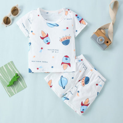 2-piece Toddler Boy Pure Cotton Allover Rocket Printed Short Sleeve T-shirt & Matching Shorts