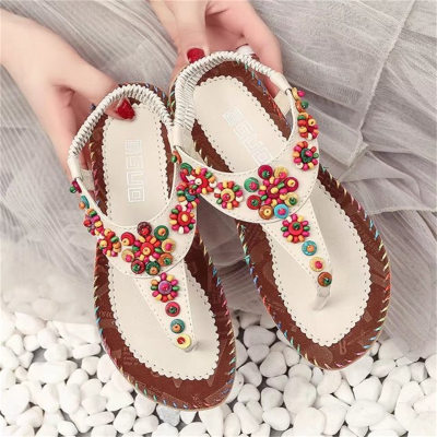 Bohemian beaded sandals sweet ethnic style flip-flops flat heel herringbone women's shoes