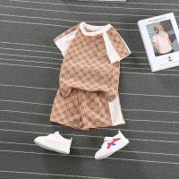 New summer boys and girls suits solid color striped casual short-sleeved baby summer two-piece suit  Brown