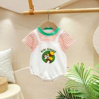 Baby summer jumpsuit thin boys and girls baby cartoon striped short-sleeved clothes newborn baby romper crawling clothes  White