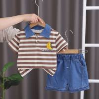 New style baby boy short-sleeved suit summer children's casual striped cartoon POLO shirt boy fashion denim shorts  Red