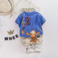 Cartoon children's suit boy's round neck short-sleeved T-shirt two-piece suit summer baby casual  Blue