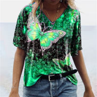 T-shirt imprimé papillon à manches courtes pour femmes  vert
