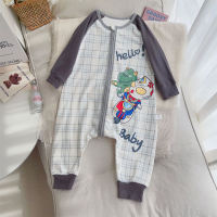 Kinder-Cartoon-Schlafsack mit Reißverschluss, gebürsteter Overall, vier Jahreszeiten, Cartoon-Anti-Kicking-Pyjama, Heimkleidung  Grau