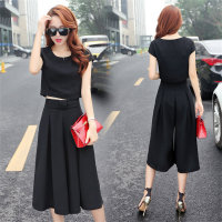 Women's two-piece tops, cropped wide-leg pants, casual and fashionable suit  Black