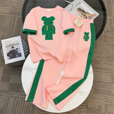 Summer girls fashion suits for middle and large children short-sleeved cartoon tops straight pants student sportswear for girls