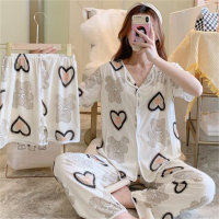 Women's summer short-sleeved trousers three-piece heart pattern suit  White