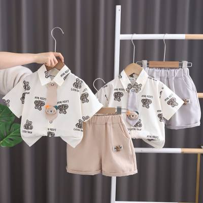 Children's short-sleeved suit summer new bear tie shirt boy casual fashion two-piece baby clothes