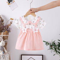 Summer baby girl clothes printed princess cotton short-sleeved dress children's skirt  Pink