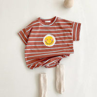 ins Korean style summer baby jumpsuit thin cute smiling face loose striped harem internet celebrity baby fart cover  Red