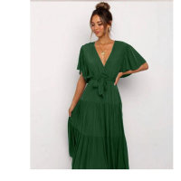 Falda larga con cintura de encaje y hoja de loto de color liso con cuello en V para mujer  Verde