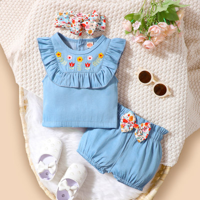 Baby Girl Floral Embroidered Ruffle-sleeve T-Shirt & Bow-knot Shorts & Headband