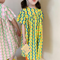 Girls Skirt Vertical Striped Flower Contrast Color Short Sleeve Dress Princess Skirt 2024 Summer Clothes New Foreign Trade Children's Clothing Dropshipping  Yellow