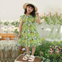 Girls' summer romantic pastoral style floral dress sweet and playful small flying sleeves wavy skirt princess dress  Green