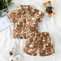 Toddler Boy's Bear Print Short-sleeved Shirt And Shorts Two-piece Suit  Brown