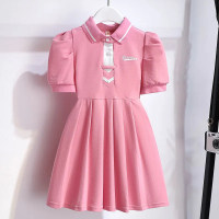 Girls Dress Summer 2024 New Style Girls Style Puff Sleeve College Style Polo Skirt Children's Korean Style Skirt  Pink
